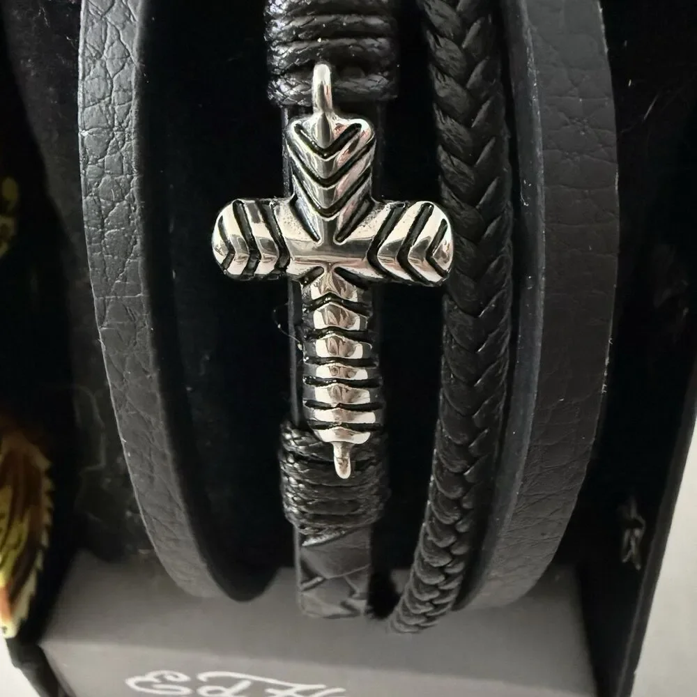 Ed Hardy Cross Stainless Steel Men’s Stackable Bracelet Set Antique Silver Tone